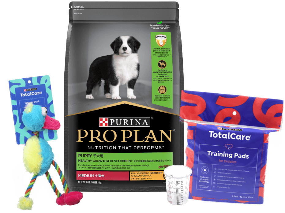 Purina Puppy Starter Kits - 2.5kg bag of PRO PLAN Puppy food, a measuring cup, toy, milestone calendar, and puppy vaccination passport